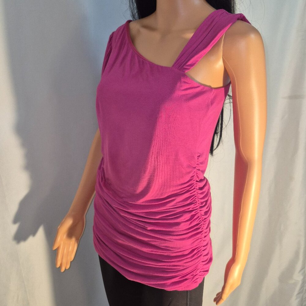 Madison stylish Blouse, Rayon, Pink, draped and scrunched, sleeveless, Medium